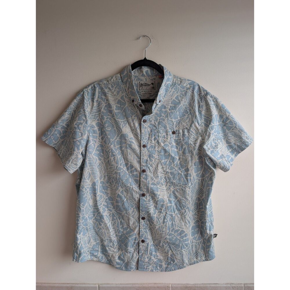 Howler Bros Men's L Mansfield Shirt Blue Tropical Print Button Down Short Sleeve